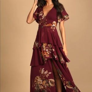 Lulu’s Midnight Mood Burgundy Floral Print Tiered Maxi Dress
